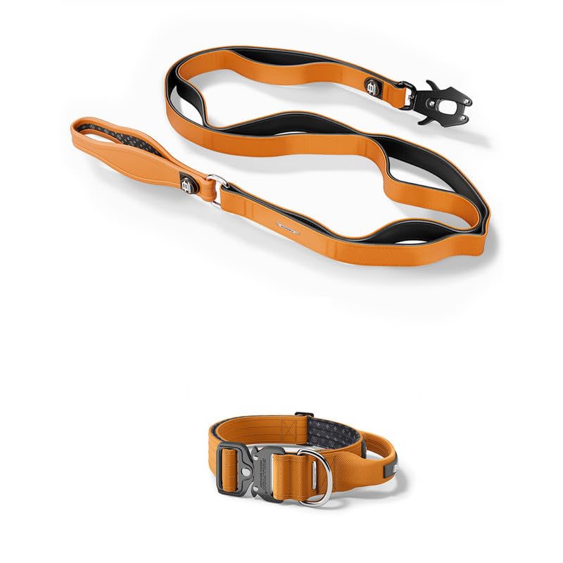 Bullyion ® Original Equipment Progressive Ladder Lead 1.4m & Tactical Dog Collar - Softcell Padding – Lockforce Fastening Buckles – Multiple Handles (WIDTH- 5 cm SIZE- LARGE, ORANGE MARMALADE)