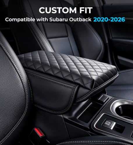 Image of Center Console Cover for Subaru Outback 2026 2025 2024 2023 2022 2021 2020, 1.2-Inch Thick PU Leather Middle Armrest Cushion Protector Pad with 2 Side Pockets for 2020-2026 Outback, Black