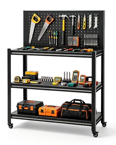 Pterying 52' Rolling Work Table, Adjustable Height Workbench with Lockable Wheels, Pegboard, Heavy Duty Mobile Work Bench for Garage, Tool Workshop, Woodworking and Mechanics