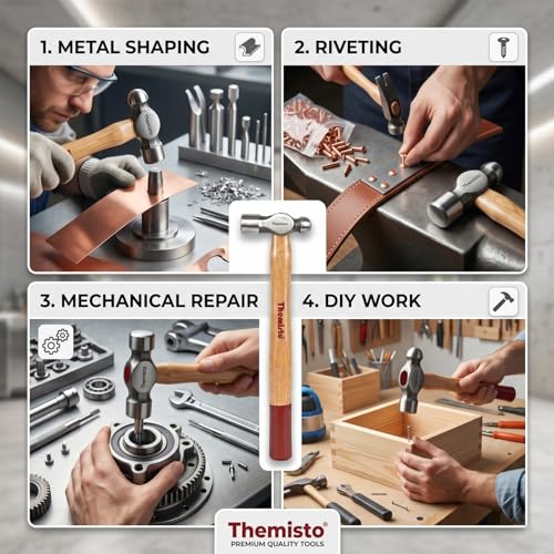 Image of Themisto TH-T34 200g Forged Steel Head Ball Peen Hammer with Seasoned Wooden Handle | Strong Non-Slip Grip | Ideal for Home DIY and Professional Use