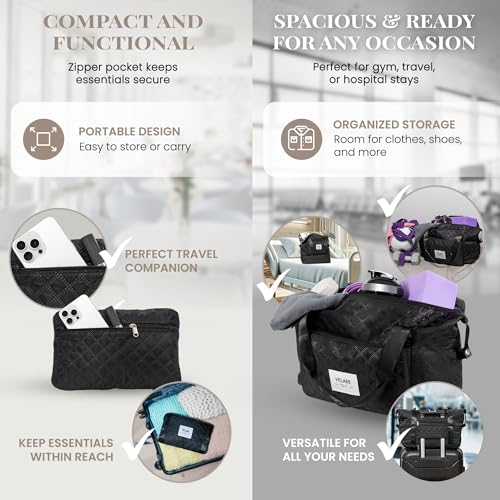 Velare Quilted Foldie Travel Bag – Expandable TSA Approved Carry On Luggage 22x14x9, Weekender Bag for Women, Waterproof Foldable Tote, Overnight Travel Shoe Bag, Fits Under Seat & Overhead Bin, Black4
