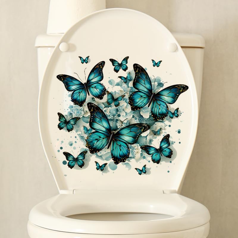 Multiple Butterflies Flower Toilet Cover Sticker Decals,Fish Bird Flower Leaf Waterproof Toilet Lid Tank Seat Decals Cistern Self-Adhesive Bathroom Wall Sticker, White