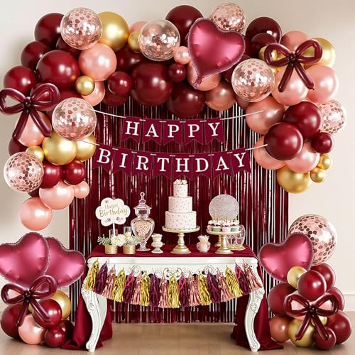 Burgundy Birthday Party Decorations Set Burgundy Rose Gold Balloons with Happy Birthday Banner Heart Foil Balloons for Bridal Shower Happy Birthday Party Decorations