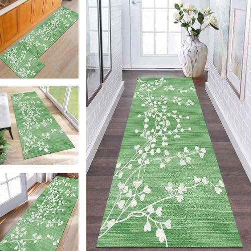 Alfombra antideslizante para pasillo, 60 x 240 cm, lavable, color verde y blanco, para cocina, sala de estar, dormitorio, alfombra interior para pasillos, puerta, entrada, lavandería, alfombras