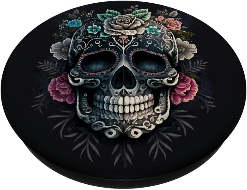 Sugar Skull Floral Pattern Flowers Black Skull PopSockets Adhesive PopGrip - Image 2