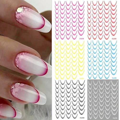 French Tip Nail Stickers 3D Nail Decals for Nail Art, Colorful French Line Nail Art Stickers Self Adhesive Nail Tips Gradient Lines Nail Supplies French Style Nail Design Stickers for Women, 6 Sheets