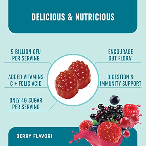 Probiotic Gummies With Vitamin C And Folic Acid | 5 Billion Cfu Probiotics | Gut Health, Digestion, & Immune System Support | Gluten-Free, Non-Gmo, Berry Flavor | With Organic Fruit Extracts | 60 Ct. #TOP6