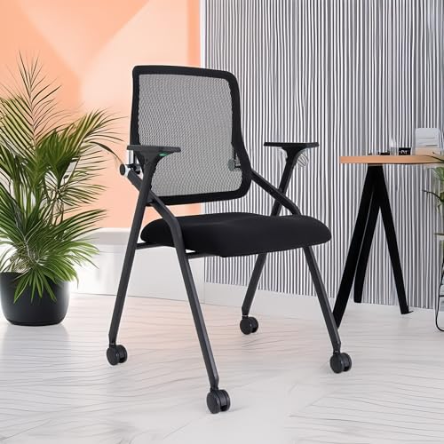 Image of Updated Conference Room Chairs, Folding Office Desk Chair with Lumbar Support and Sliding Armrest with Casters, Stackable Office Guest Chairs & Reception Chairs, 6 Pack Black