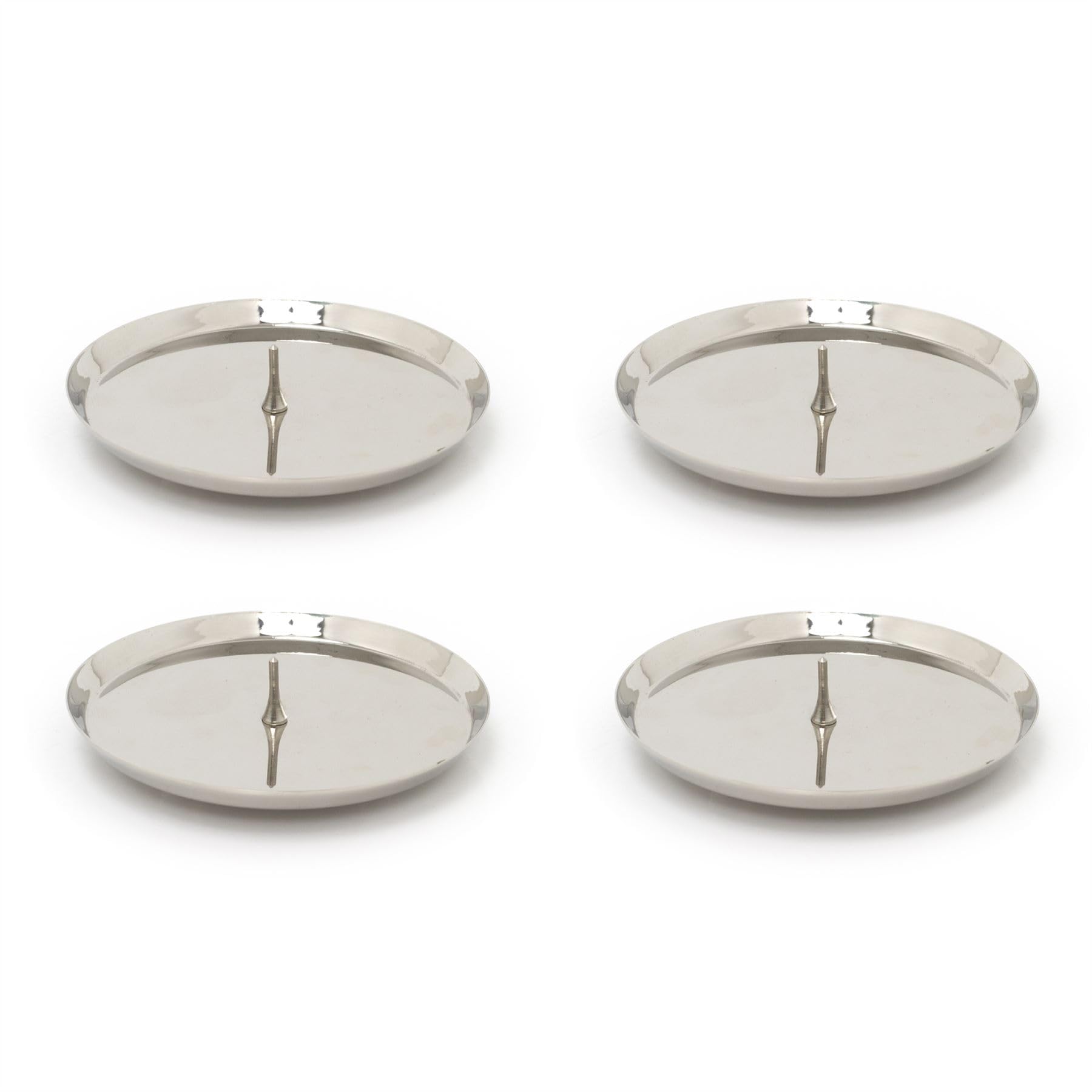 Carousel Home Silver Set Of 4 Contemporary Metal Pillar Candle Holder | Church Pillar Candle Plate With Spike | Round Candle Stand Modern Candle Holders - 10Cm