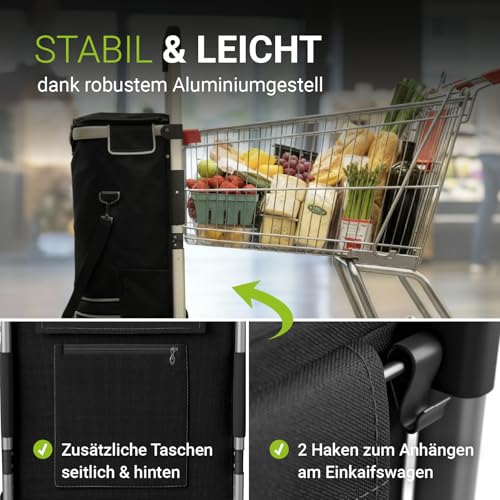 Juskys 3in1 Einkaufstrolley für Treppen - 56 L, modern & klappbar - Treppensteiger Trolley zum Shopping - Sackkarre & Tasche - Trolli Schwarz