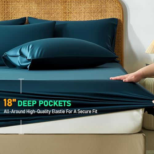 Image of 100% Viscose Derived from Bamboo Sheets Queen Size, Soft & Cooling Viscose from Bamboo Sheets Set, Organically Grown,Breathable & Soft Deep Pocket Up to 18 Inches(Navy Blue)