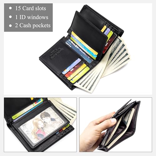 LUKZIJAES Genuine Leather Bifold Wallet for Men Rfid Blocking Large Capacity Vertical Wallets Mens with ID Window 15 Card Solts 2 Cash Pockets (Black)4