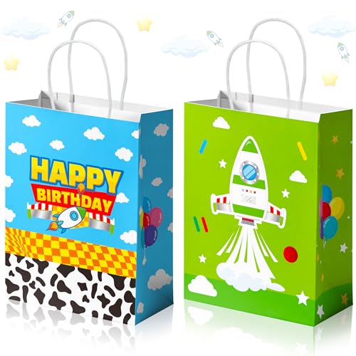 CHENRINDECO Cartoon Story Gift Bags 24PCS Cow Pattern Birthday Party Favor Bags Blue Sky White Cloud Paper Bags with Handle for Cartoon Story Themed Birthday Party Supplies