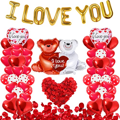 Image of 55 Pack Valentine's Day Balloons with 1000 Pcs Silk Rose Petals - I LOVE YOU Balloons, Heart Balloons, Love-Bear Balloon for Anniversary Valentine Day, Romantic Decorations Special Night for Bedroom