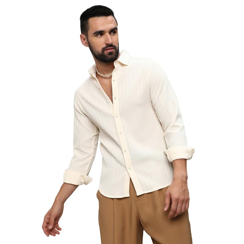 Image of CAHOOT Men's Self-Design Striped Shirt for Casual Wear | Spread Collar | Long Sleeve | Button Closure | Shirt Crafted with Comfort Fit for Everyday Wear