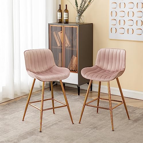 Image of Sidanli Pink Bar Stools Set of 2, Velvet Counter Stools with Footrests, 24 inch Armless Counter Height Chairs for Bar, Kitchen, Living Room