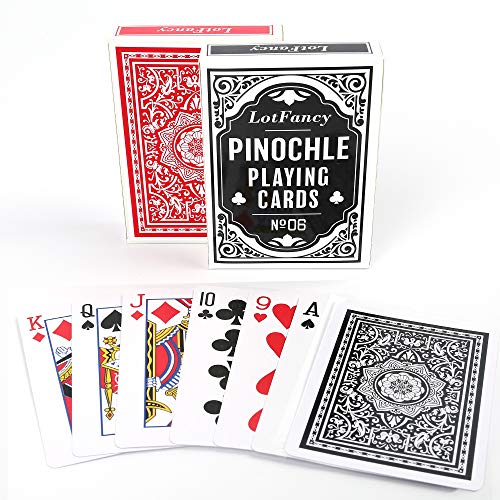 LotFancy Pinochle Playing Cards, 2 Decks of Cards, Black and Red, Special 48 Card Deck