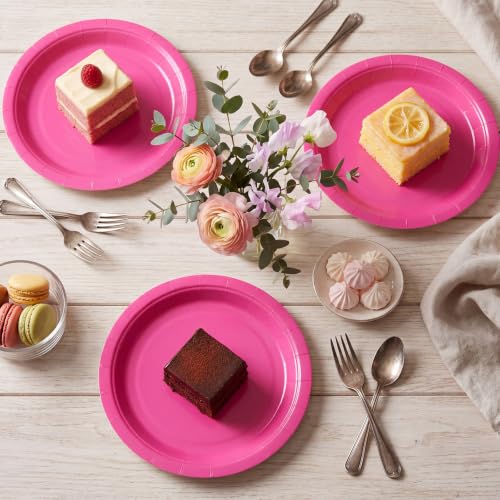Image of Hot Pink Disposable Paper Plates, 7 Inch Dessert Cake Plates, 50 Count Bulk