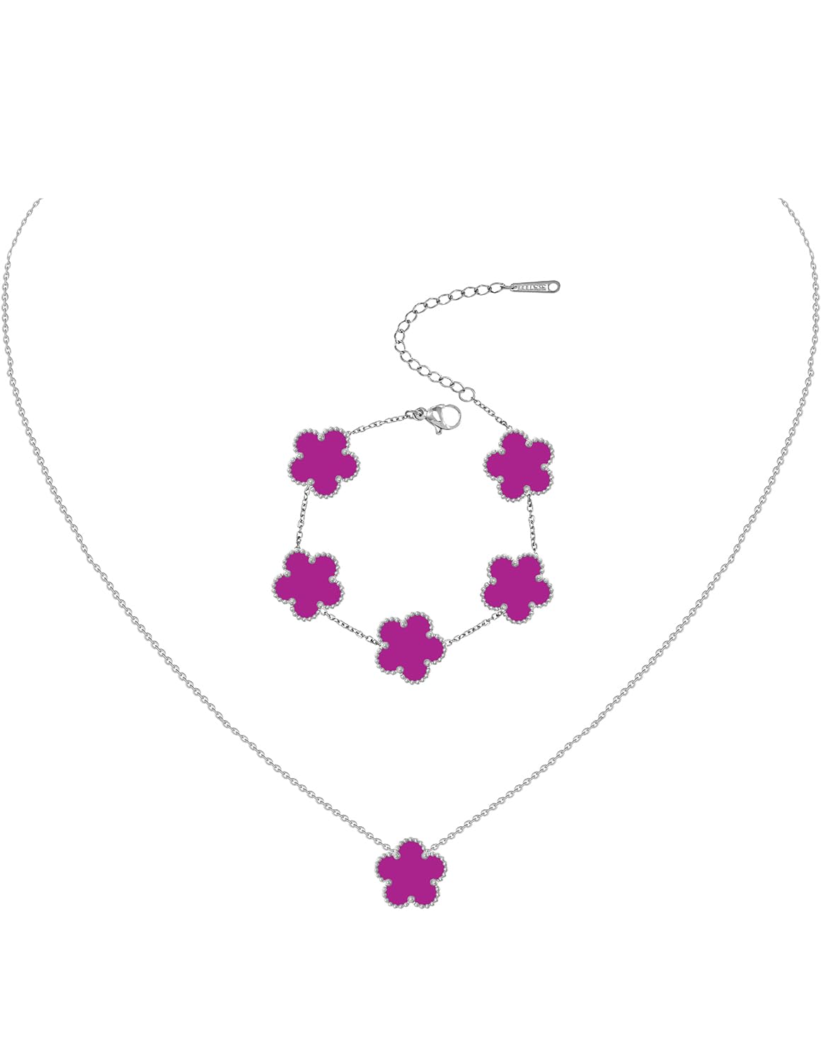 Gold Plated Stainless Steel Four Leaf Clover Bracelet and Necklace Jewelry Set for Women