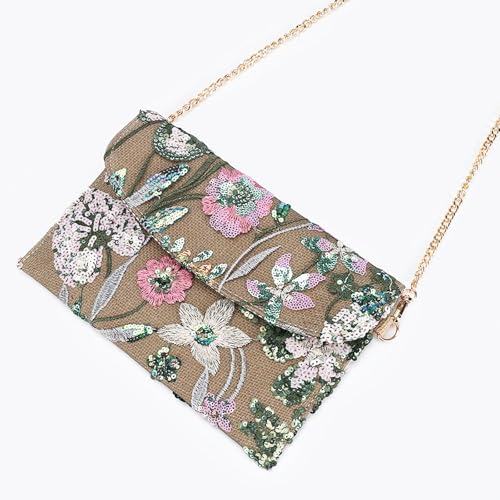 Image of Clutch Purses for Women, Envelope Package, Sequin Embroidered Flowers Straw Bag, Bohemian Handmade Handbags