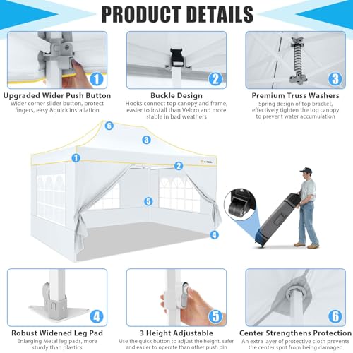 Image of HOTEEL 10x15 Heavy Duty Pop Up Canopy with Sidewalls, Party Tent with Roller Bag for Event Wedding, Upgraded Commercial Waterproof Instant Canopy, Thick Hexagonal Legs, UPF50+, White