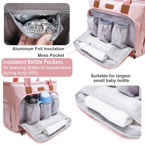 Image of FHELAD Diaper Bag Tote for Women, Baby Diaper Bag 16L (Pink) | 5 Insulated Pockets, Stroller Clip, 15.6 Inch Laptop Compartment, Detachable Shoulder Strap