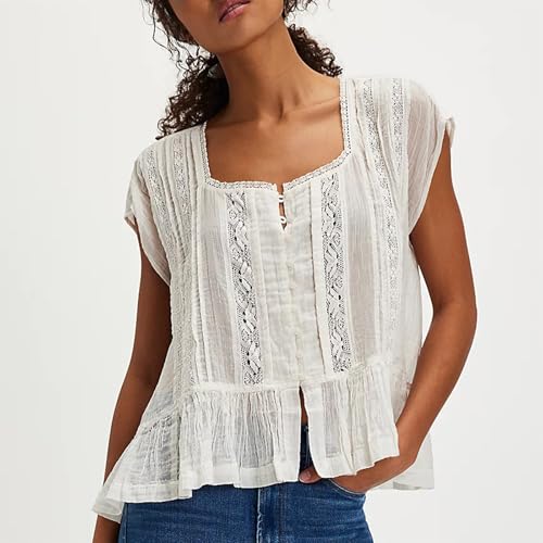Women Y2k Semi Sheer Blouse Shirt Lace Trim Button Down Short Sleeve Round Neck Casual Going Out Tops Streetwear4