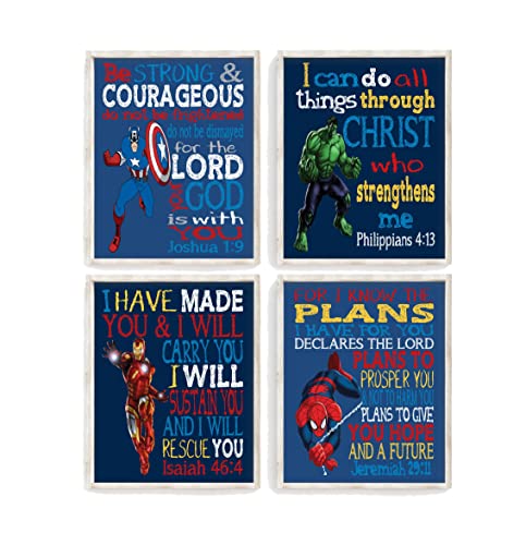 Superhero Christian Bible Verses Nursery Set of 4 Unframed Prints Captain America, Hulk, Ironman and Spiderman