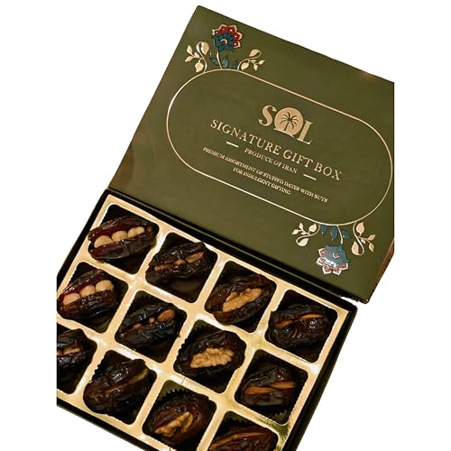Image of Premium Dates Gift Box with Assorted Nuts - Stuffed Khajoor with Almond, Pistachio, Hazelnut & Walnut | Healthy Dry Fruit Snack | Luxury Gift Pack (12 Pcs)