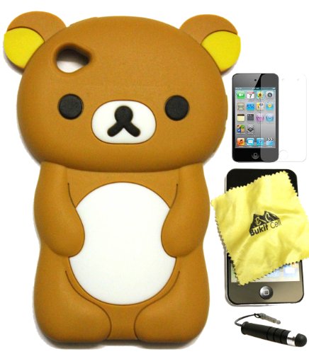 BUKIT CELL ® 3D Bear Cartoon Soft Silicone Case for IPOD TOUCH 4 4G 4TH GENERATION – BROWN [Bundle - 4 items: Case, Bukit Cell Cleaning Cloth, Screen Protector and METALLIC STYLUS Touch Pen with Anti Dust Plug]