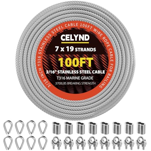 CELYND Stainless Steel Cable for Railing - 100FT 3/16 T316 Wire Rope - 7 x 19 Strands 3700 LBS Breaking Strength with Clamps Thimbles and Crimping Sleeves for Outdoor Deck Railing DIY Projects