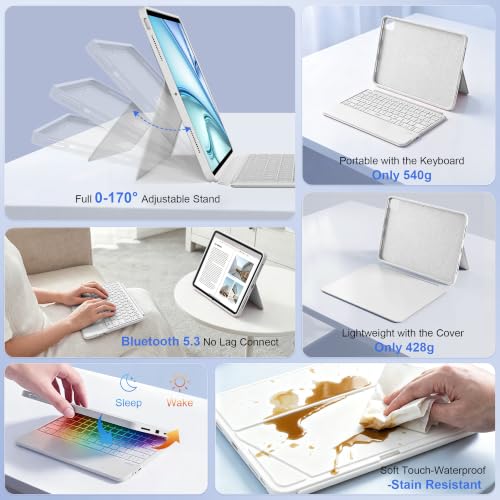 Image of WIWU iPad Air M3 11 inch Keyboard Case Magnetic Detachable Backlit White | for iPad Air 11 inch(M2 /M3 /M4) 11th /10th Air 5 /4th Pro 11 inch4 /3 /2 /1 Adjustable Stand Touchpad No Lag Sleep Mode Removable Case