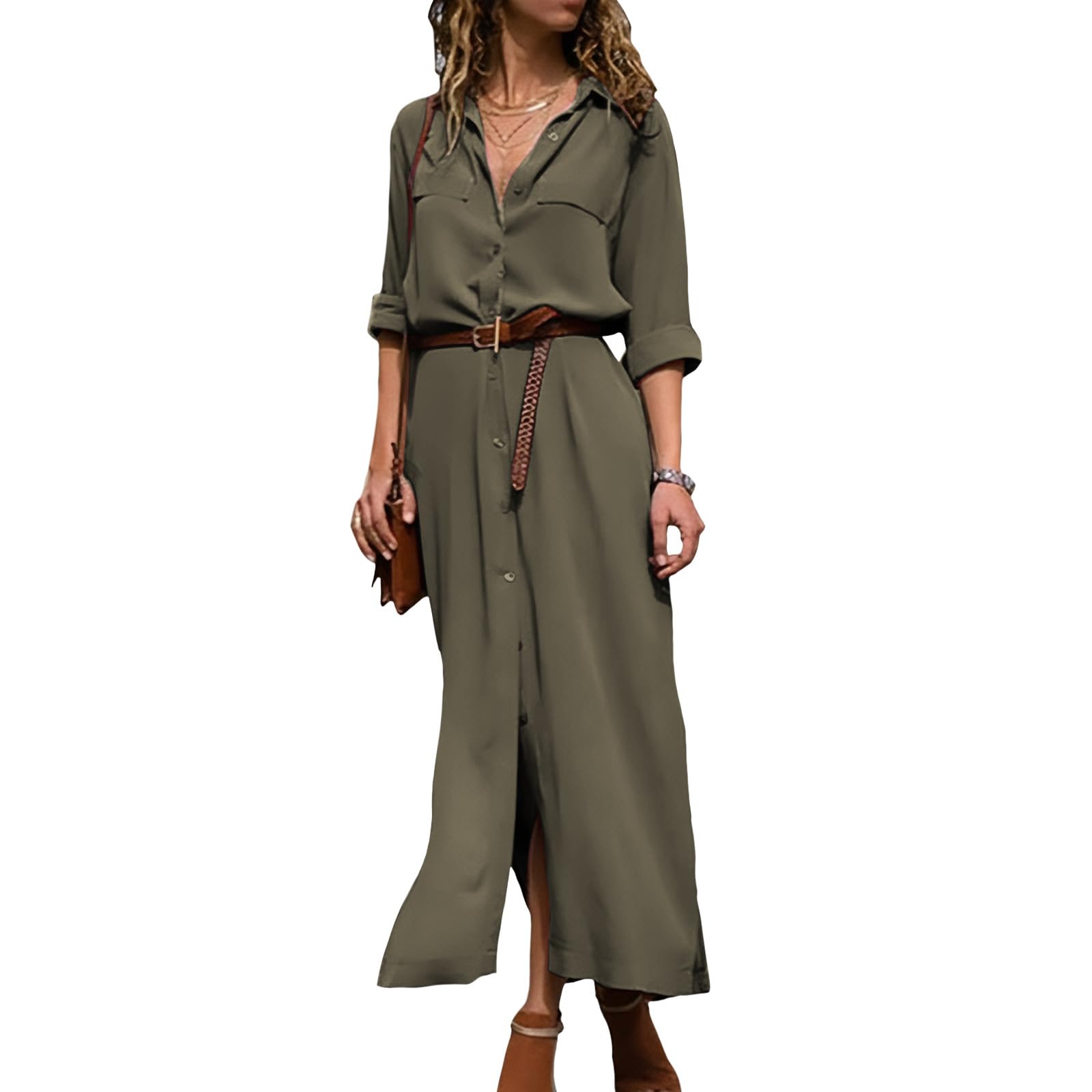 Womens Belted Shirt Elegant Dress, Long Sleeve Casual Button Down Shirt Spring Fall Midi Dress with Slit