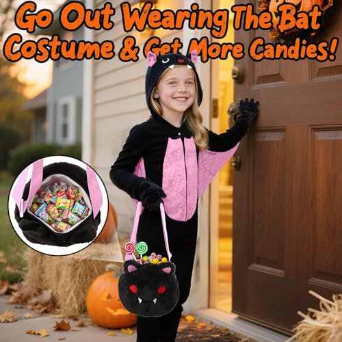 Image of Halloween Bat Costume for Girls, Kids Onesie Costume with Bat Wings, Ears, Paws, Candy Bag, Cute Animal Costume, Dress-Up, Birthday or Any Occasion (5-6Years)