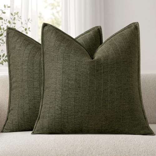 MIULEE Set of 2 Cushion Covers 45 x 45 cm Decorative Cushion Covers with Wide Spiged Pattern and Piping Edge for Sofa Bed Living Room Olive Green