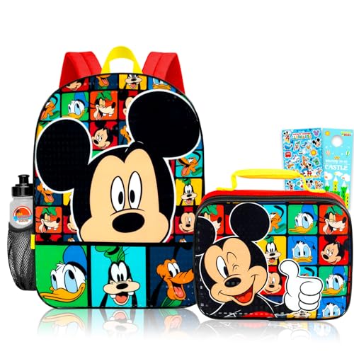 Disney Conjunto de mochila e lancheira Mickey and Friends – Pacote com mochila de 41 cm, lancheira, adesivos, garrafa, mais | Material escolar do Mickey Mouse