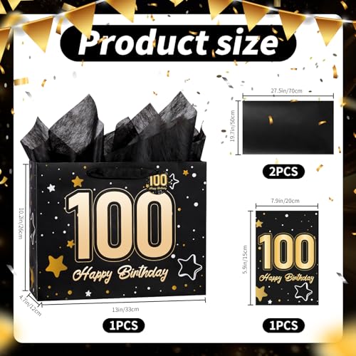 Image of Powbrace 13 inch Black 100th Birthday Gift Bag with Tissue Paper and Greeting Card for Party,Happy Birthday Gift Bag for Men Women,Gift Bags Medium size(1 Black 100th)