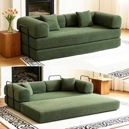 Image of 80 Inch Multi-Functional Convertible Sofa Bed, Fixed Shape Frame, High Density Foam with Corduroy, Easy Assembly, for Living Room and Bedroom. (Green)