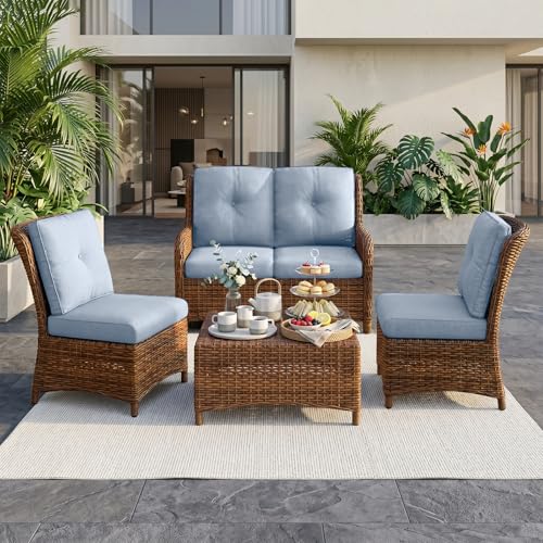 Image of Luxury 4 inch Thick Outdoor Cushion Set of 11 - 22x24 Patio Furniture Cushions with 28D High-Density Foam, Water-Resistant & Fade-Resistant Fabric, Removable Covers for Patio Furniture Sofa - Baby Blue