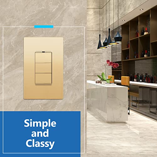 Image of LIDER Lighted Triple Switch with Screwless Wall Plate, Combination Frameless Decorator Switch with Locator Light, Ground Terminal Single Pole, 15A 120V, UL Listed, Thermoplastic, Matte Gold, 2-Pack