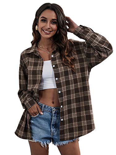 SweatyRocks Women's Long Sleeve Collar Long Button Down Plaid Shirt Blouse Tops Plaid Brown XL
