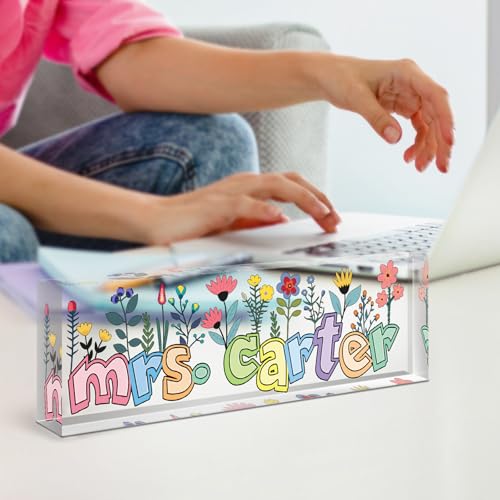 Image of Teacher Name Plate for Desk, Desk Name Plate Personalized, Office Decor for Women Men, Acrylic Desktop Accessories, Office Appreciation Gifts for Teacher Boss Social Workers Nurse Employee (Orchid)