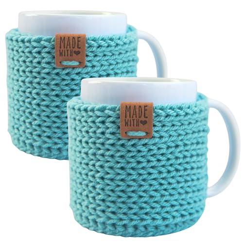 Mug Cozy with Coaster 2 Pack – Handmade Cup Cozies for Hot Drinks – Fits 11 oz Coffee Mugs – Stocking Stuffers for Women (Sea Blue)