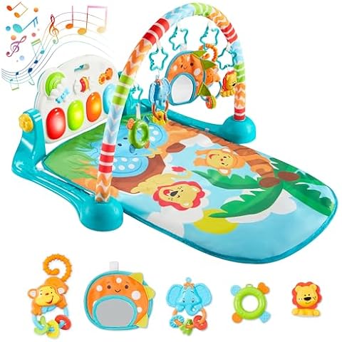 SYNCFUN Baby Play Mat, Tummy Time Mat Toys, Baby Musical Learning Toys 0-6 Months, Adorable Animal-Themed Play Gym with Piano Panel, Christmas Newborn Gifts for Baby 0-3 6 9 12 Months Cover