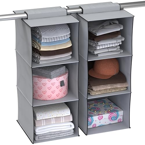 Image of MY ARMOR Hanging Shelf Cloth Storage Organizer, Universal Fit Hanging Closet Organizer for Wardrobe, 10 x 12 x 35 Inches (Grey, 3 Tier Shelf, Pack of 2)