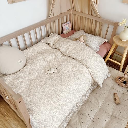 AOJIM Muslin Cotton Kids Duvet Cover Set 2 Pieces for Boys Girls, Ruffled Design Forest Themed Pattern Toddler Bedding Comforter Cover 47X59'' and 1 Matching Pillowcase 20X12 inch