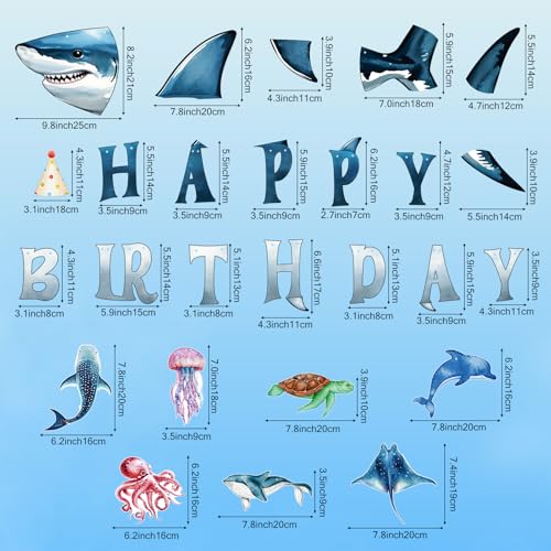 Image of Hooqict Ocean Birthday Party Decorations Shark Happy Birthday Banner Garland Sea Ocean Party Banner for Kids Boys Under The Sea Animal Themed Party Decorations