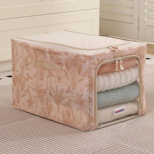 Image of HOKIPO Folding Storage Box and Organiser for Clothes, 600D Oxford Fabric Storage Box, Beige Botanica - Large Pack of 1 (AR-6489-BGE)