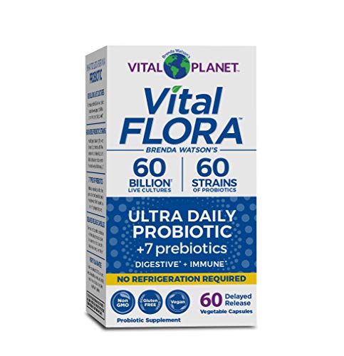Vital Planet - Vital Flora Ultra Daily Shelf Stable Probiotic Supplement with 60 Billion Cultures and 60 Strains, Immune and Digestive Probiotics for Women and Men with Prebiotic Fiber, 60 Capsules