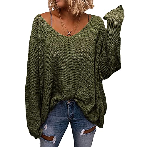 Image of BZB Women's V Neck Long Sleeve Knit Loose Oversized Pullover Sweater Top